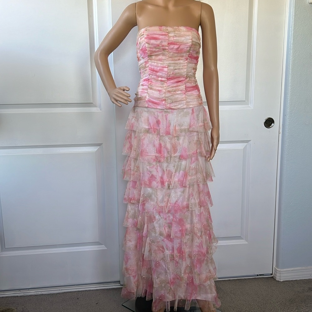 vtg 90s Y2K pale pink floral strapless ROBERTA ruffle layers dress tiny fit 3/4